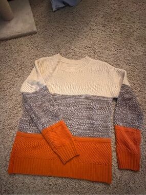 Colorblock Knit Sweater - Cream, Gray, Orange